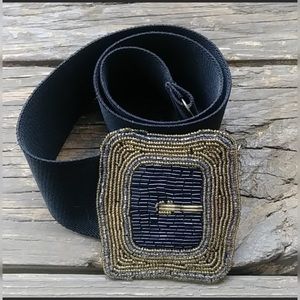 Vintage Black Stretch Belt with Beaded Buckle
